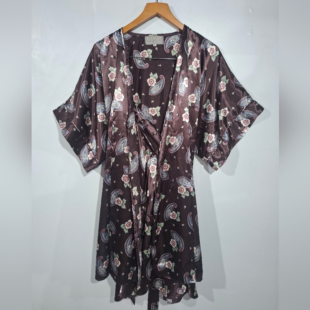 Vintage R MICHAEL ALAN Satin Nightgown And Robe SET S Brown Pink Paisley Floral